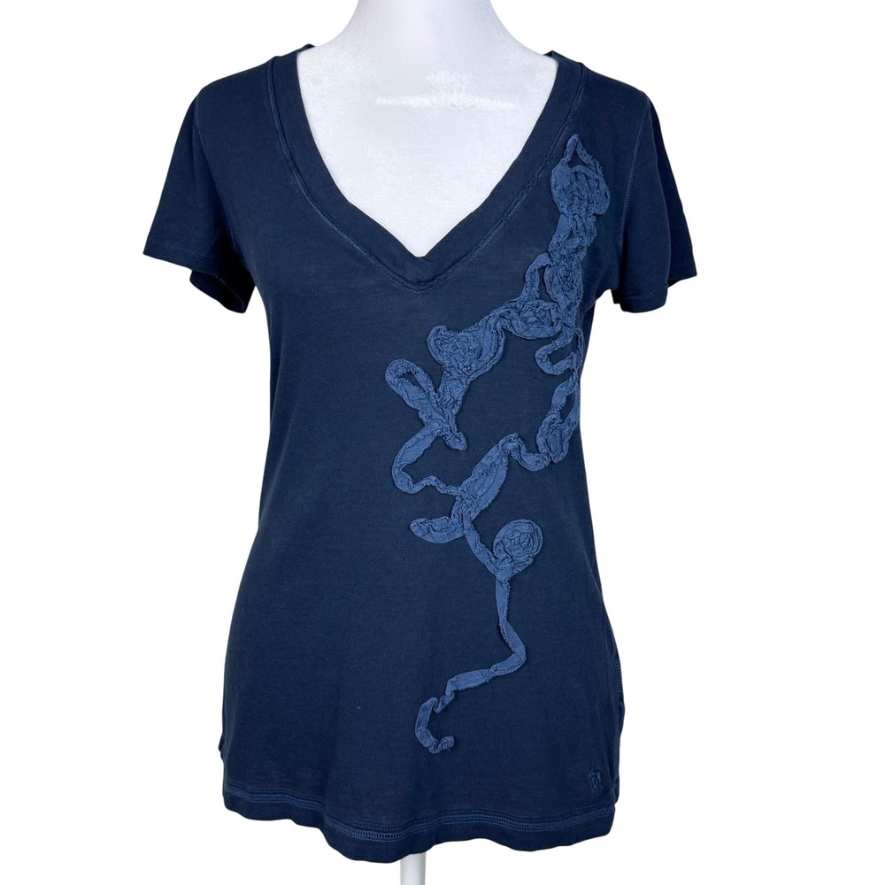 Abercrombie Fitch Womens T-Shirt Small Blue V-Neck Short Sleeve‎ Applique Y2K